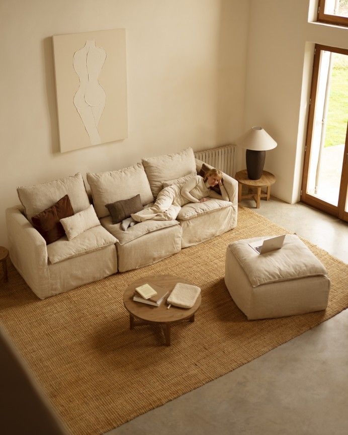 Nam - Funda de puf de algodón y lino desenfundable tono beige de 87x87cm