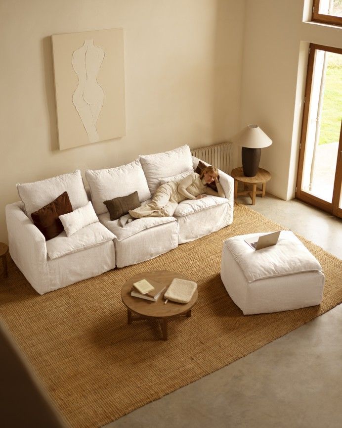 Nam - Funda de puf de algodón y lino desenfundable tono blanco de 87x87cm