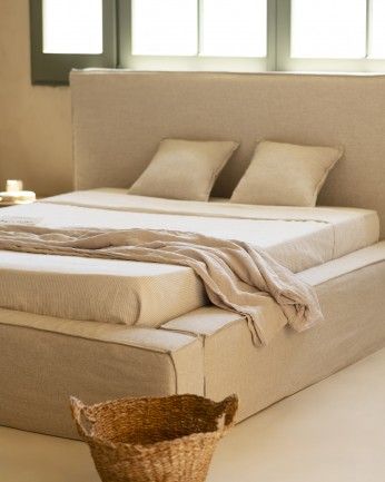 Valeria - Funda para cama desenfundable de lino beige para colchón de varias medidas