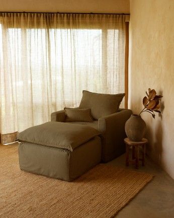 Nam - Sillón de algodón y lino desenfundable tono verde de 108x96cm