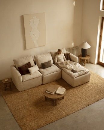 Nam - Puf de algodón y lino desenfundable tono beige de 89x87cm