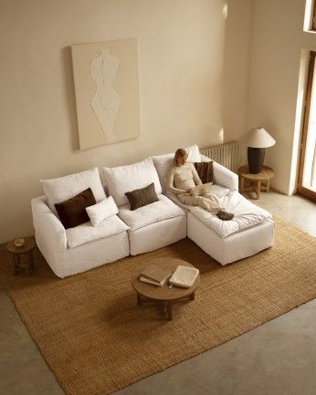 Nam - Puf de algodón y lino desenfundable tono blanco de 89x87cm