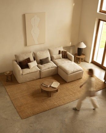 Nam - Puf de algodón y lino desenfundable tono beige de 89x87cm