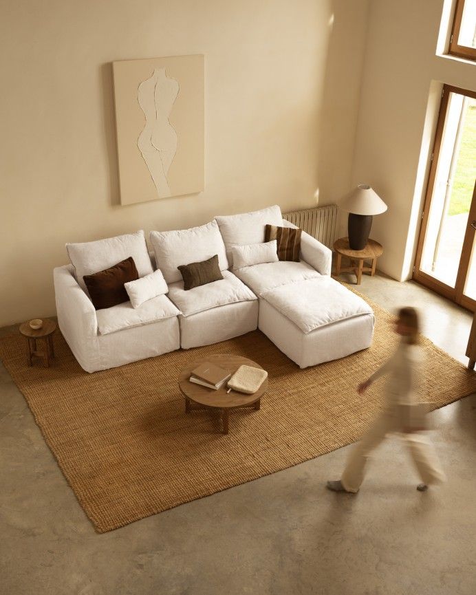Nam - Puf de algodón y lino desenfundable tono blanco de 89x87cm