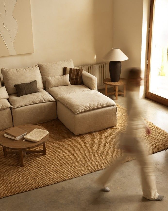Nam - Puf de algodón y lino desenfundable tono beige de 89x87cm
