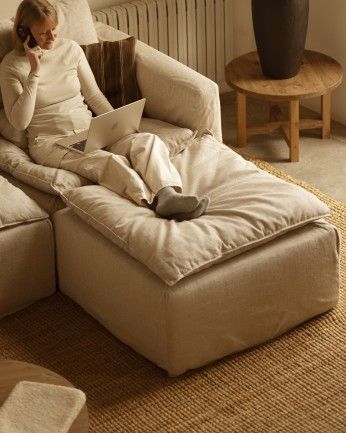 Nam - Puf de algodón y lino desenfundable tono beige de 89x87cm