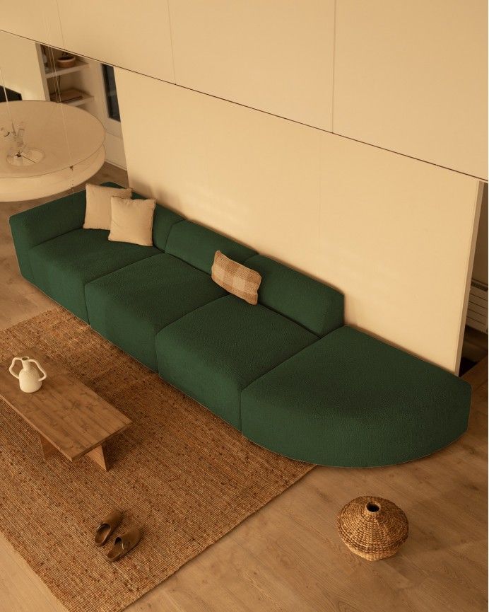 Bruce - Sofá de 4 módulos con curva de bouclé color verde 410x110cm
