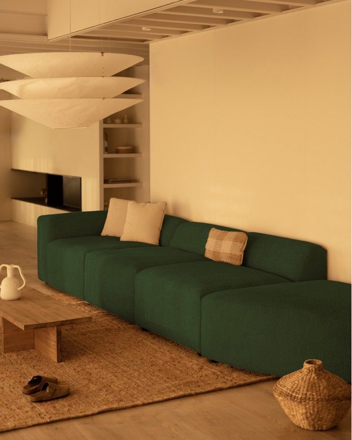 Bruce - Sofá de 4 módulos con curva de bouclé color verde 410x110cm