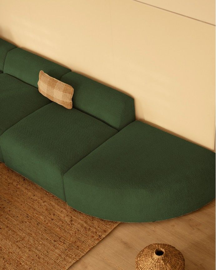 Bruce - Sofá de 4 módulos con curva de bouclé color verde 410x110cm