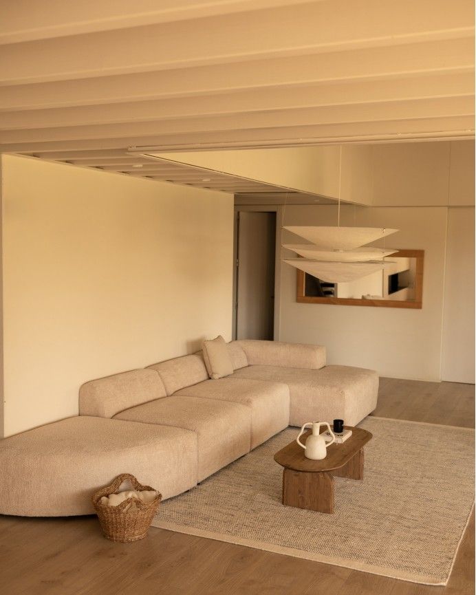 Bruce - Sofá de 4 módulos curvo con chaise longue derecho de bouclé color beige 410x172cm