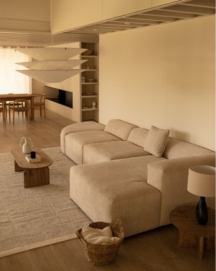 Bruce - Sofá de 4 módulos curvo con chaise longue derecho de bouclé color beige 410x172cm