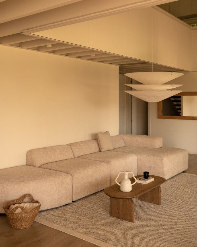 Bruce - Sofá de 4 módulos curvo con chaise longue derecho de bouclé color beige 410x172cm