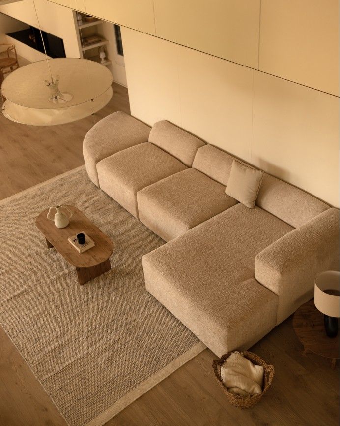 Bruce - Sofá de 4 módulos curvo con chaise longue derecho de bouclé color beige 410x172cm