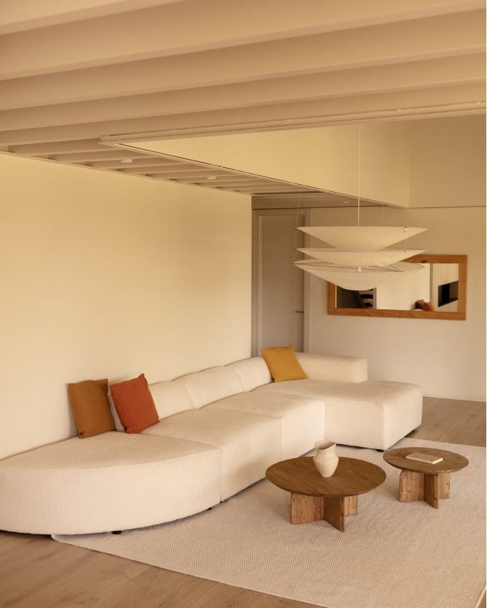 Bruce - Sofá de 4 módulos curvo con chaise longue derecho de bouclé color blanco 410x172cm