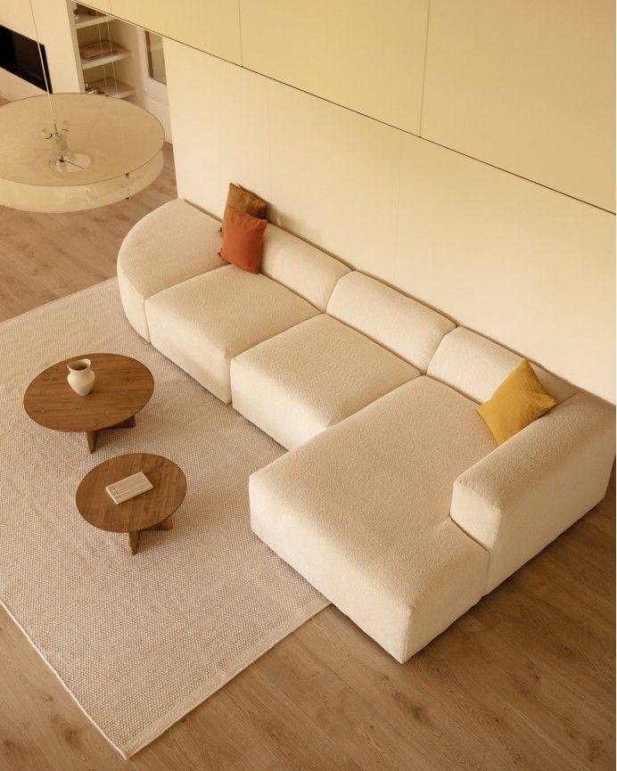 Bruce - Sofá de 4 módulos curvo con chaise longue derecho de bouclé color blanco 410x172cm