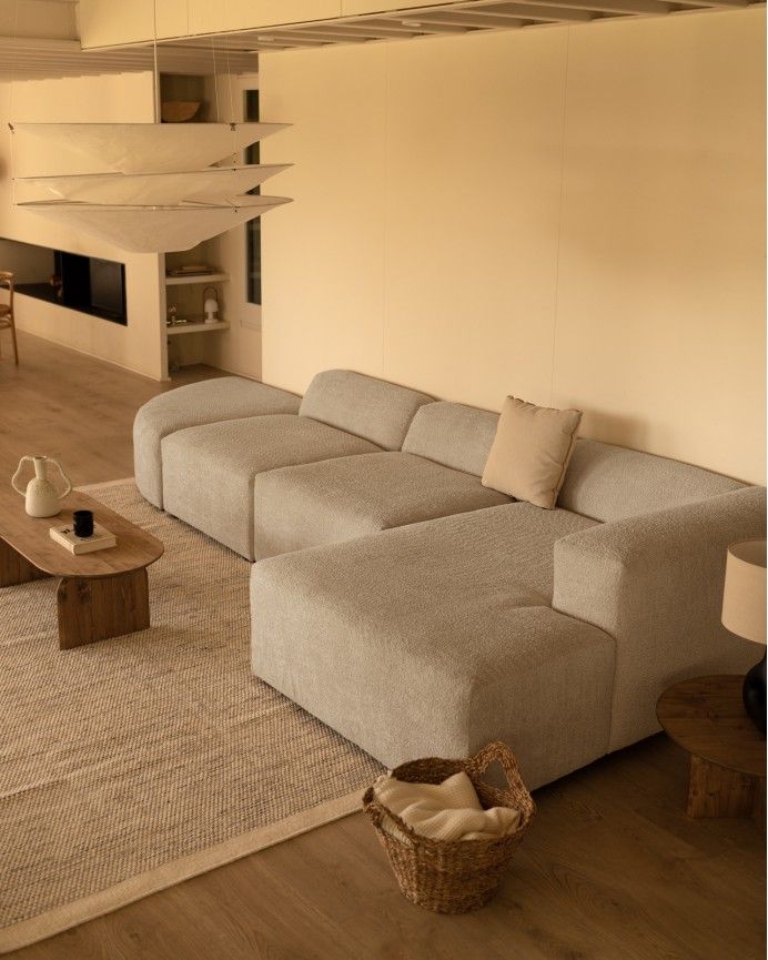 Bruce - Sofá de 4 módulos curvo con chaise longue derecho de bouclé color gris claro 410x172cm