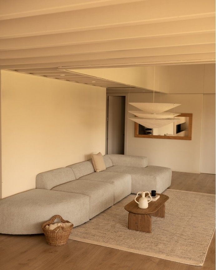 Bruce - Sofá de 4 módulos curvo con chaise longue derecho de bouclé color gris claro 410x172cm