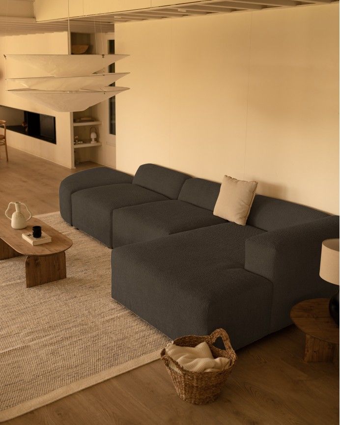 Bruce - Sofá de 4 módulos curvo con chaise longue derecho de bouclé color gris oscuro 410x172cm