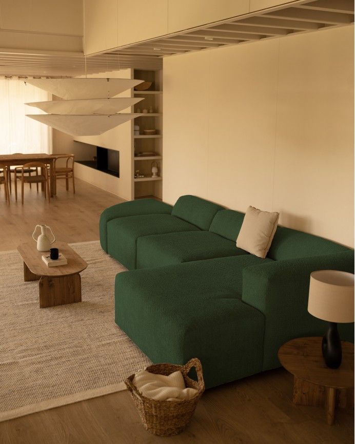 Bruce - Sofá de 4 módulos curvo con chaise longue derecho de bouclé color verde 410x172cm