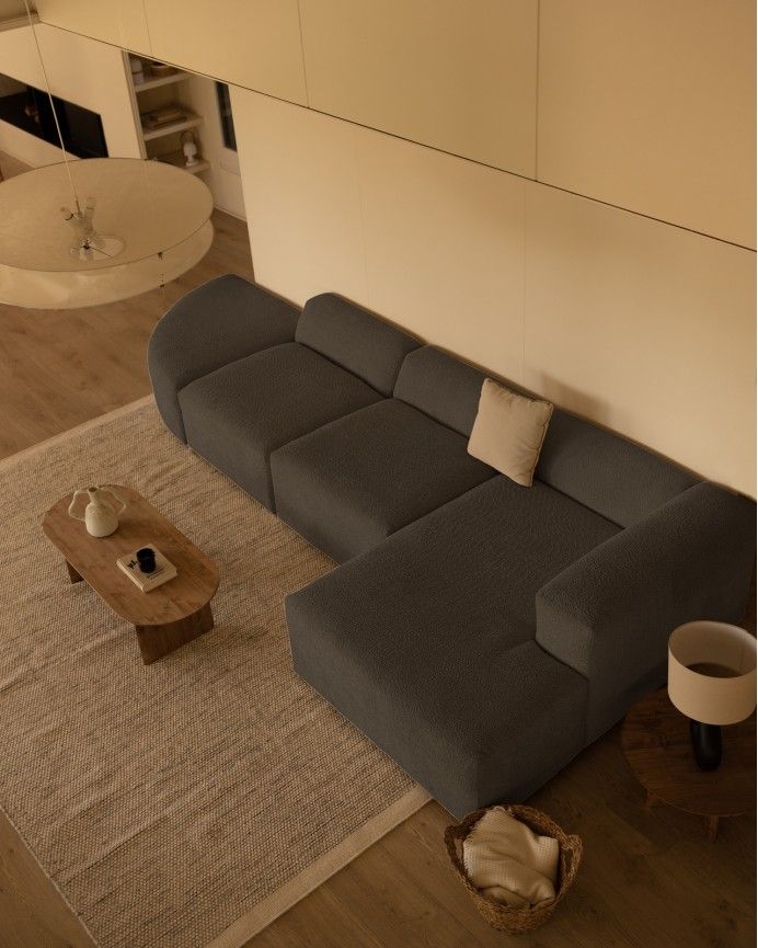 Bruce - Sofá de 4 módulos curvo con chaise longue derecho de bouclé color gris oscuro 410x172cm