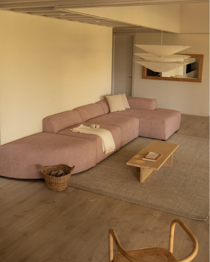 Bruce - Sofá de 4 módulos curvo con chaise longue derecho de bouclé color rosa 410x172cm