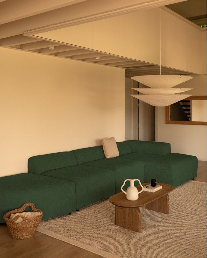 Bruce - Sofá de 4 módulos curvo con chaise longue derecho de bouclé color verde 410x172cm