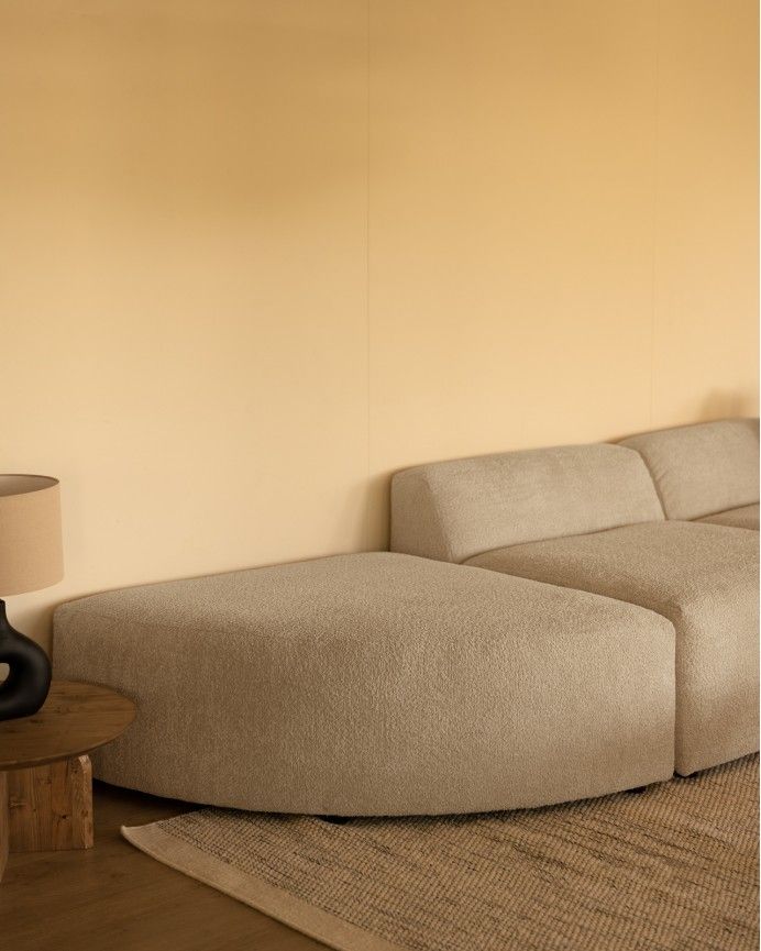 Bruce - Sofá de 4 módulos curvo con chaise longue derecho de bouclé color gris claro 410x172cm