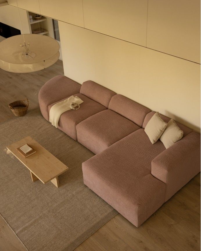 Bruce - Sofá de 4 módulos curvo con chaise longue derecho de bouclé color rosa 410x172cm