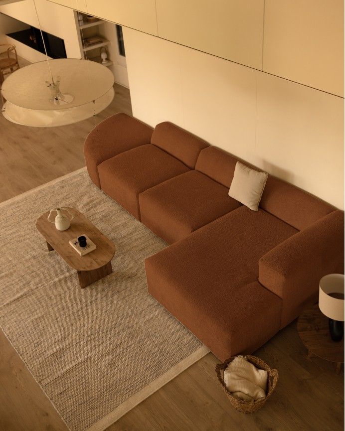 Bruce - Sofá de 4 módulos curvo con chaise longue derecho de bouclé color cobre 410x172cm