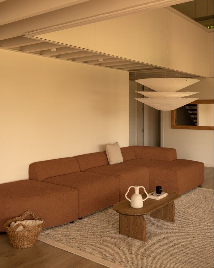 Bruce - Sofá de 4 módulos curvo con chaise longue derecho de bouclé color cobre 410x172cm