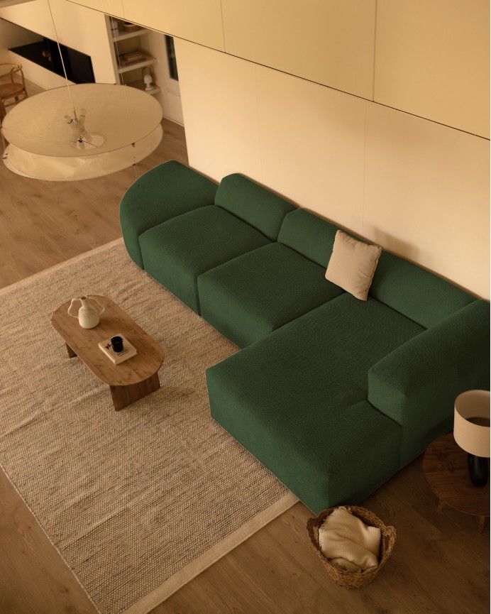 Bruce - Sofá de 4 módulos curvo con chaise longue derecho de bouclé color verde 410x172cm