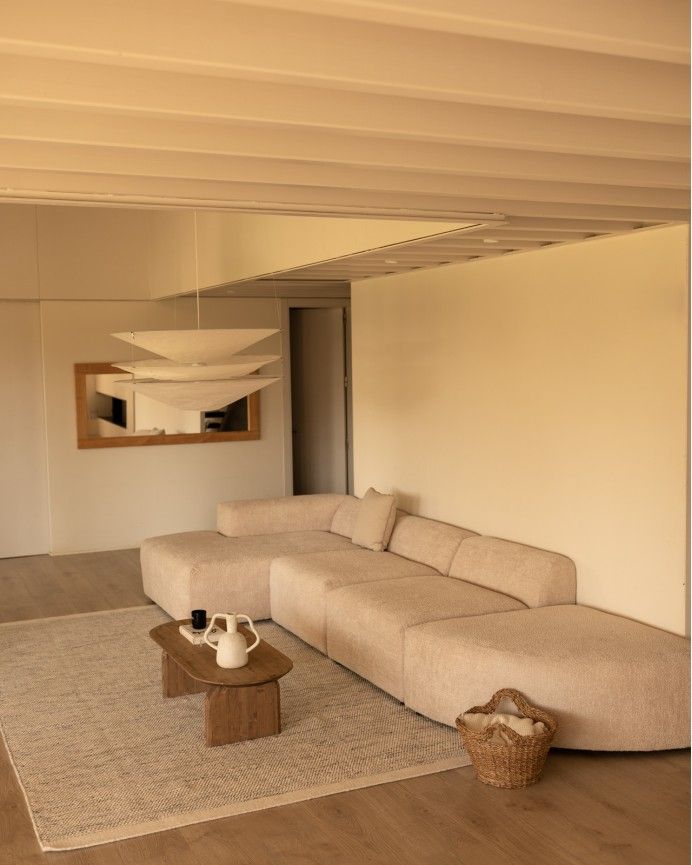 Bruce - Sofá de 4 módulos curvo con chaise longue izquierdo de bouclé color beige 410x172cm