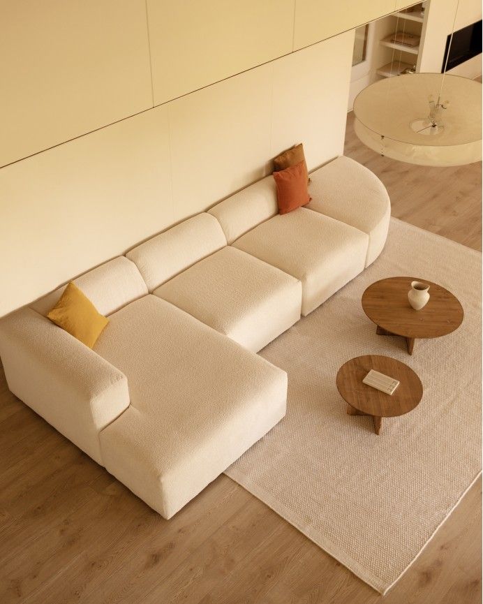 Bruce - Sofá de 4 módulos curvo con chaise longue izquierdo de bouclé color blanco 410x172cm