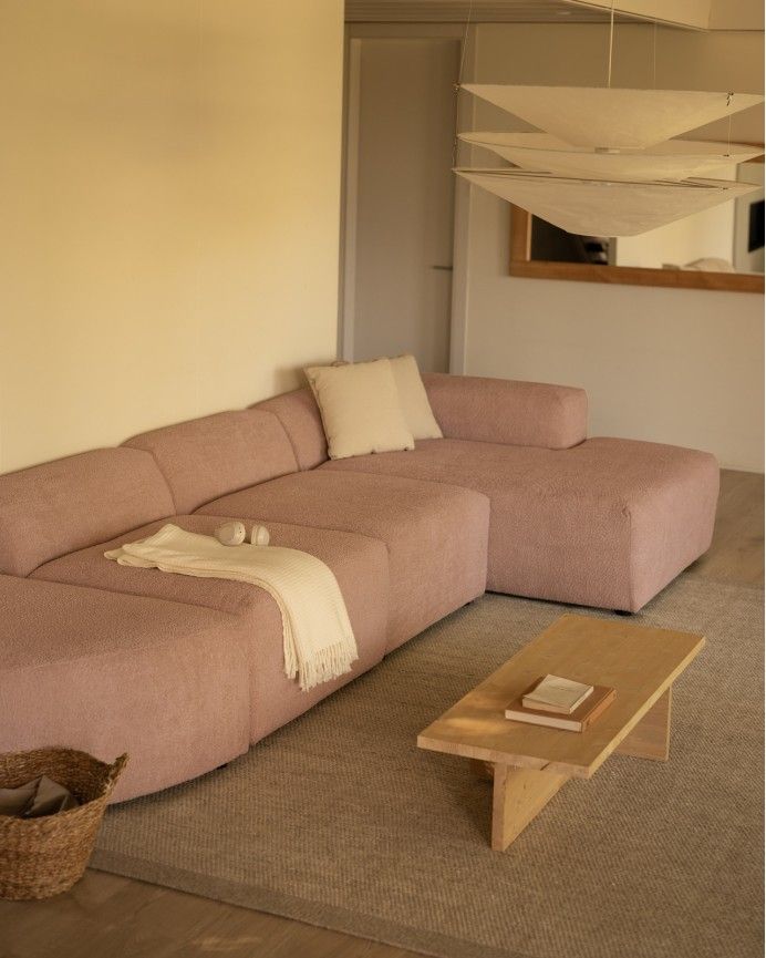 Bruce - Sofá de 4 módulos curvo con chaise longue derecho de bouclé color rosa 410x172cm