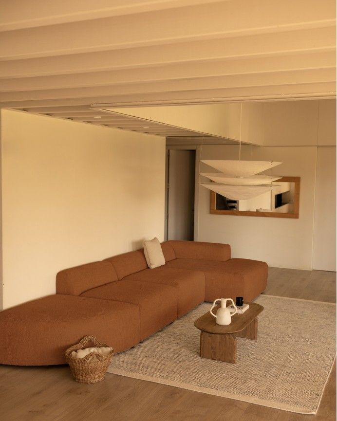 Bruce - Sofá de 4 módulos curvo con chaise longue derecho de bouclé color cobre 410x172cm
