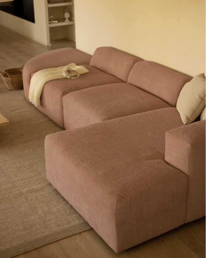 Bruce - Sofá de 4 módulos curvo con chaise longue derecho de bouclé color rosa 410x172cm