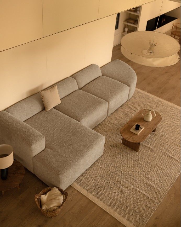 Bruce - Sofá de 4 módulos curvo con chaise longue izquierdo de bouclé color gris claro 410x172cm