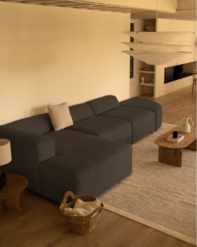 Bruce - Sofá de 4 módulos curvo con chaise longue izquierdo de bouclé color gris oscuro 410x172cm