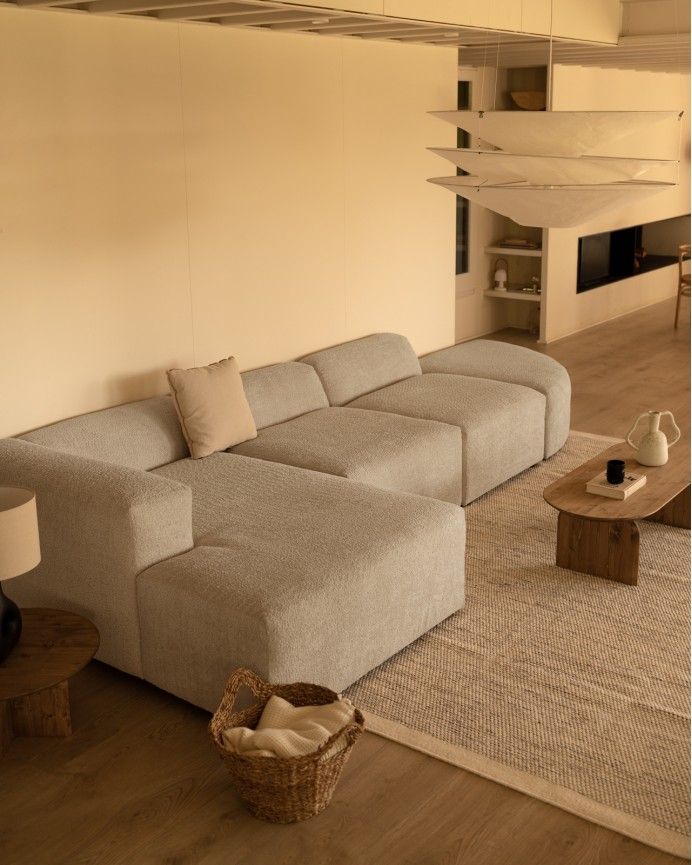 Bruce - Sofá de 4 módulos curvo con chaise longue izquierdo de bouclé color gris claro 410x172cm