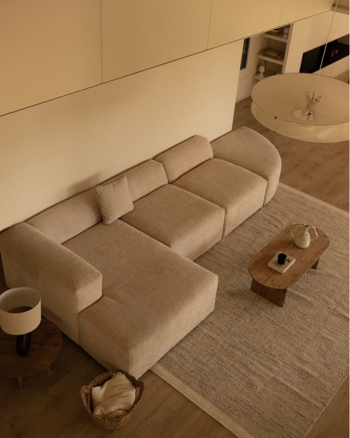 Bruce - Sofá de 4 módulos curvo con chaise longue izquierdo de bouclé color beige 410x172cm