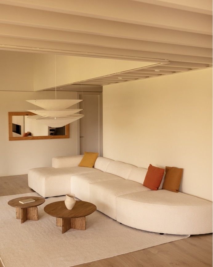 Bruce - Sofá de 4 módulos curvo con chaise longue izquierdo de bouclé color blanco 410x172cm