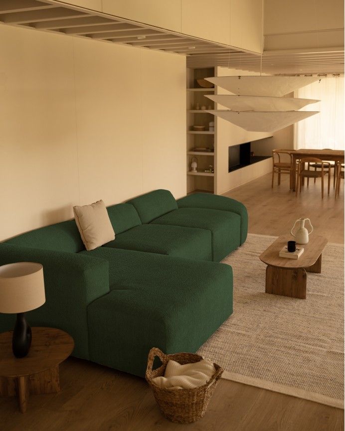 Bruce - Sofá de 4 módulos curvo con chaise longue izquierdo de bouclé color verde 410x172cm