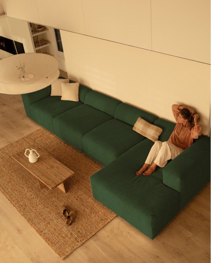 Bruce - Sofá de 4 módulos con chaise longue derecho de bouclé color verde 420x172cm