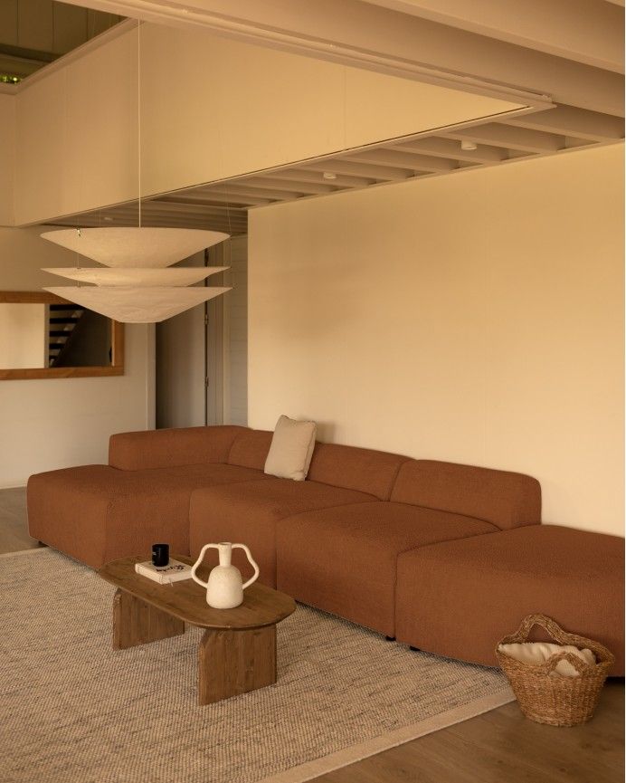 Bruce - Sofá de 4 módulos curvo con chaise longue izquierdo de bouclé color cobre 410x172cm