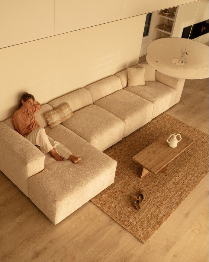 Bruce - Sofá de 4 módulos con chaise longue izquierdo de bouclé color beige 420x172cm