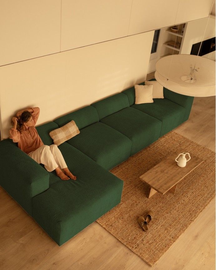Bruce - Sofá de 4 módulos con chaise longue izquierdo de bouclé color verde 420x172cm