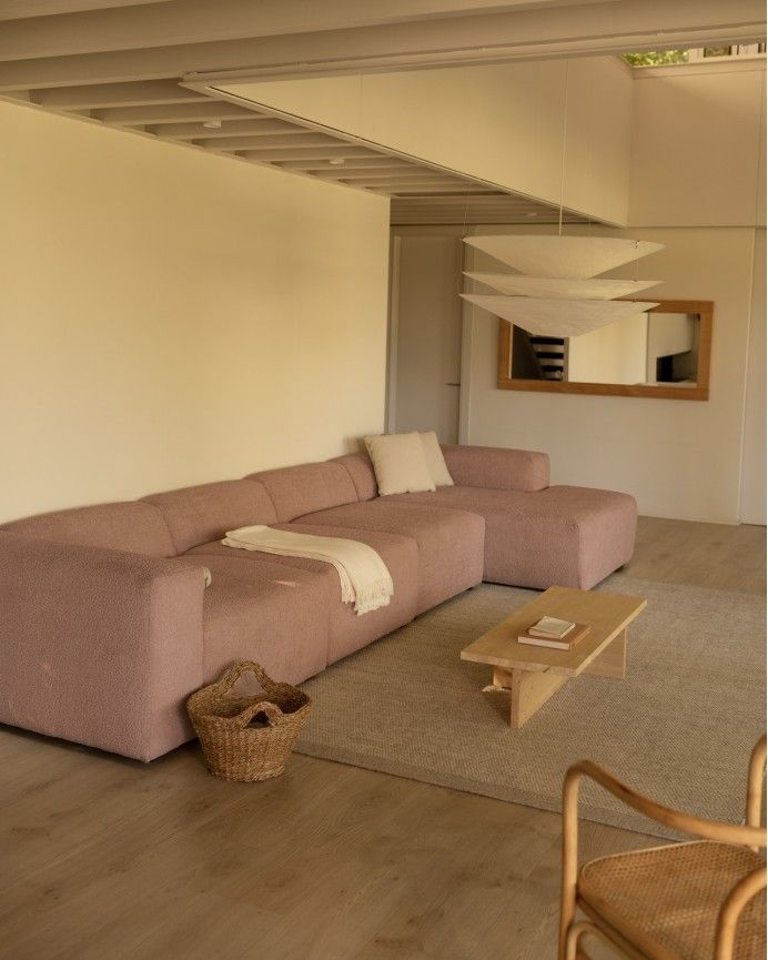 Bruce - Sofá de 4 módulos con chaise longue derecho de bouclé color rosa 420x172cm