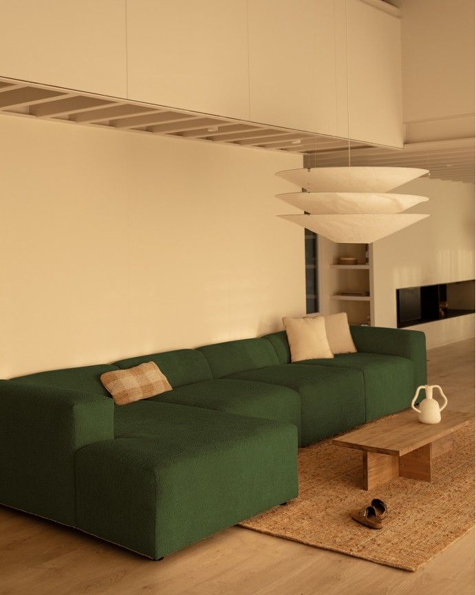 Bruce - Sofá de 4 módulos con chaise longue izquierdo de bouclé color verde 420x172cm