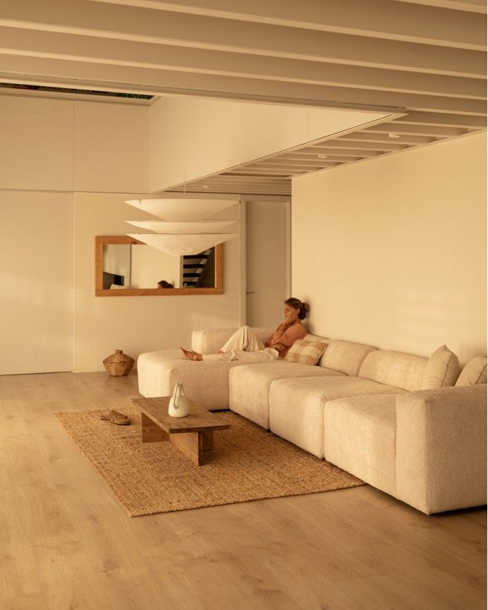 Bruce - Sofá de 4 módulos con chaise longue izquierdo de bouclé color beige 420x172cm