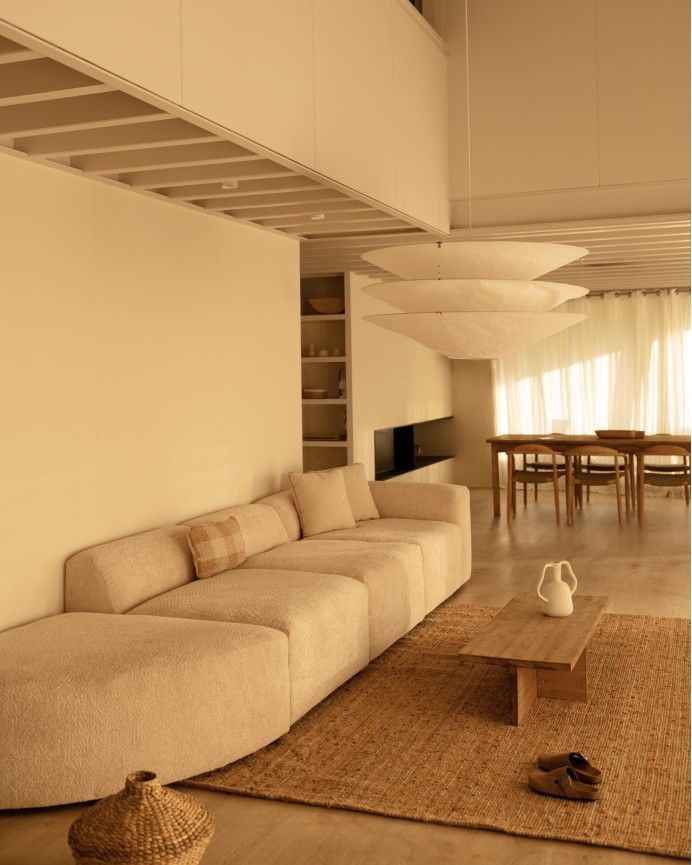 Bruce - Sofá de 4 módulos con curva de bouclé color beige 410x110cm